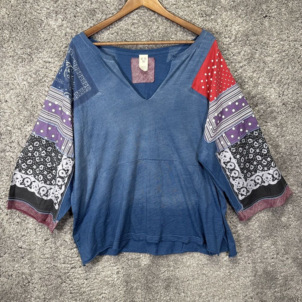 Free People We The Free Shibuya Boho Patchwork Blue Raw Edge Top Small Oversized